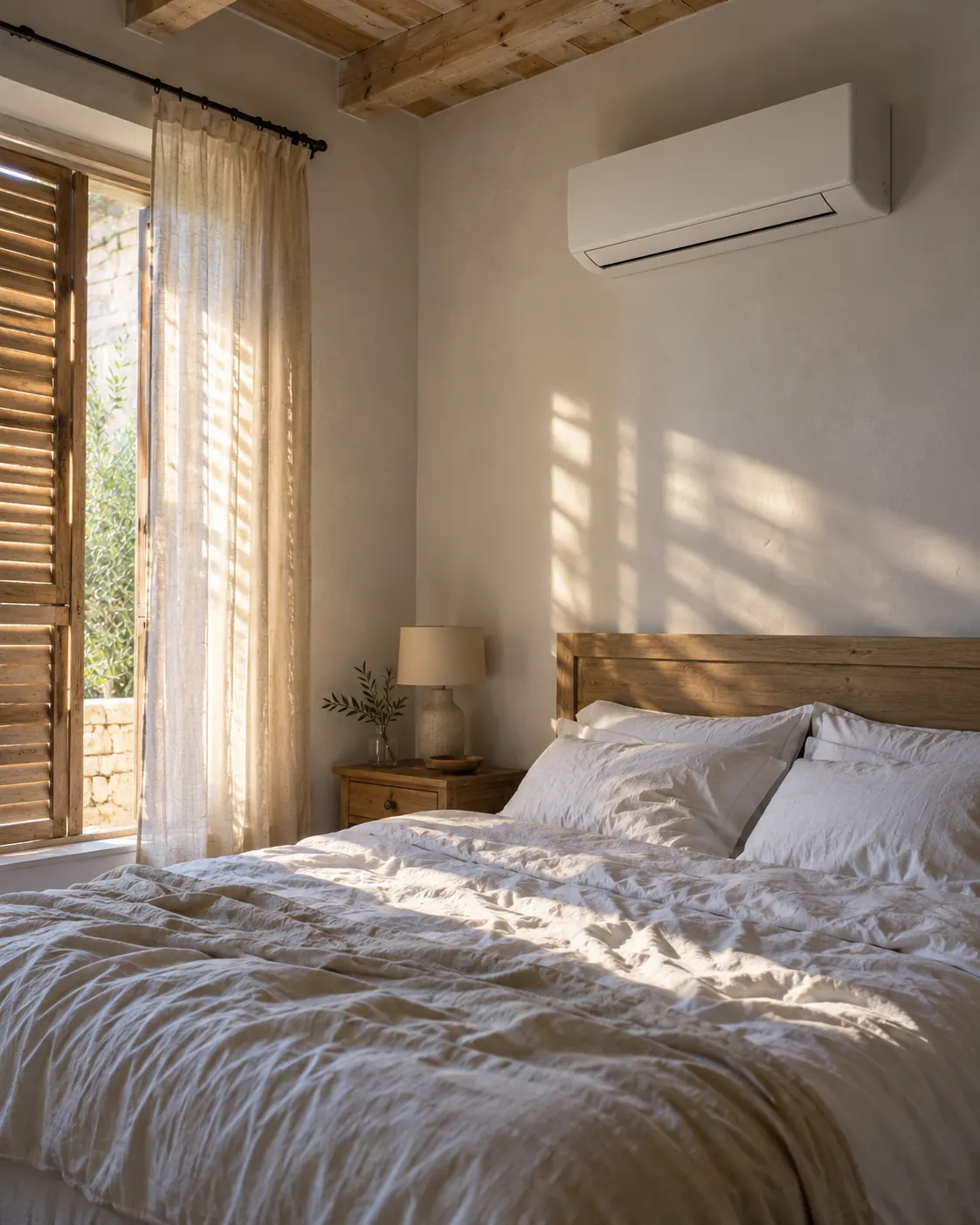 Chambre fraîche en été, climatisation murale au-dessus du lit